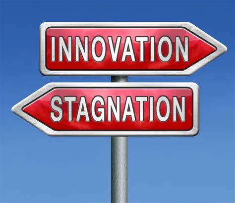 Innovation And Change Beats Stagnation Arrow Jumping Hole Stock Photo