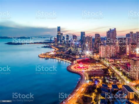 Aerial Photography Of Qingdao City Building Skyline Night View Stock