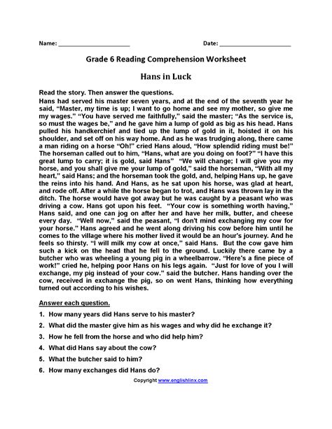 Grade 6 Reading Comprehension Worksheet Martin Lindelof