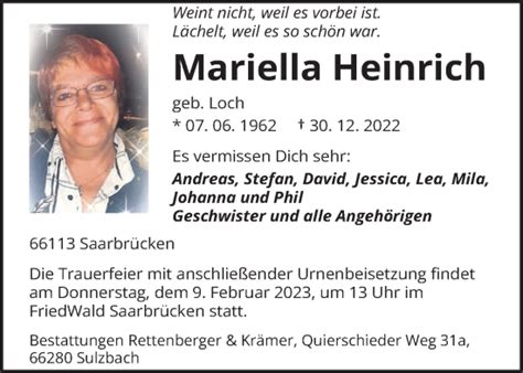 Traueranzeigen Von Mariella Heinrich Saarbruecker Zeitung Trauer De