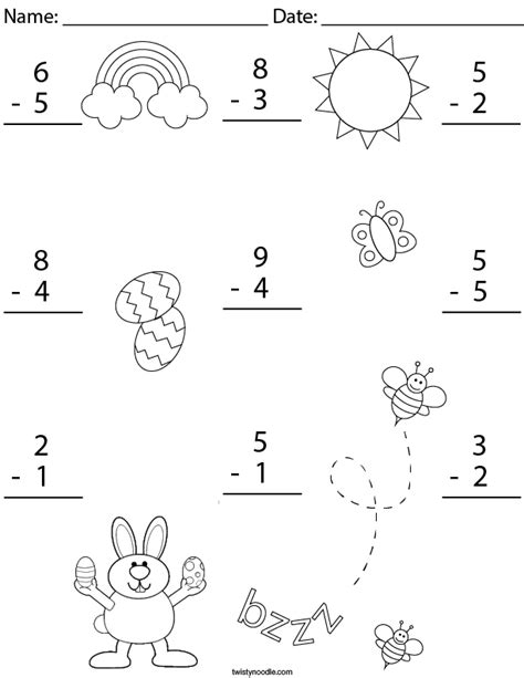 Easter Single Digit Subtraction Math Worksheet Twisty Noodle