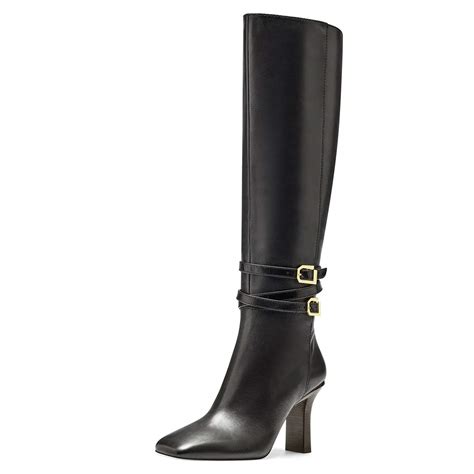 Black Square Toe 3 Block Heel Knee High Boots With Buckles