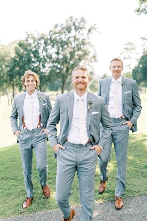 Groomsmen In Light Grey Suits And Suspenders Light Grey Suits Wedding