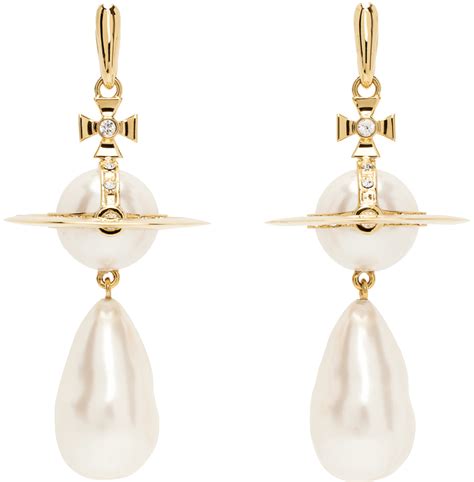 Gold White Giant Pearl Drop Earrings By Vivienne Westwood On Sale