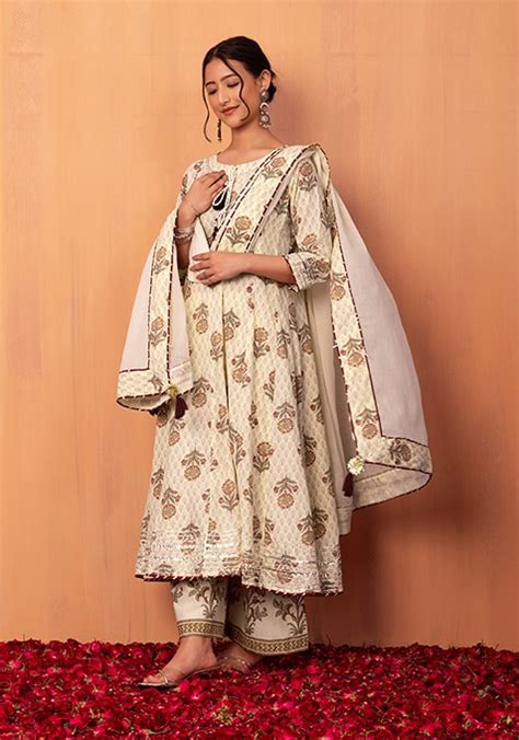 Buy Women Ivory Floral Print Cotton Anarkali Kurta With Pants And