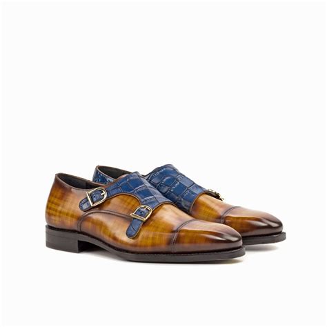 Unique Tan Patina Double Monk Shoes With Navy Croco Leather Contrast