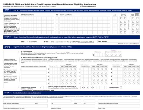 2021 Arizona CACFP Meal Benefit Income Eligibility Application Fill