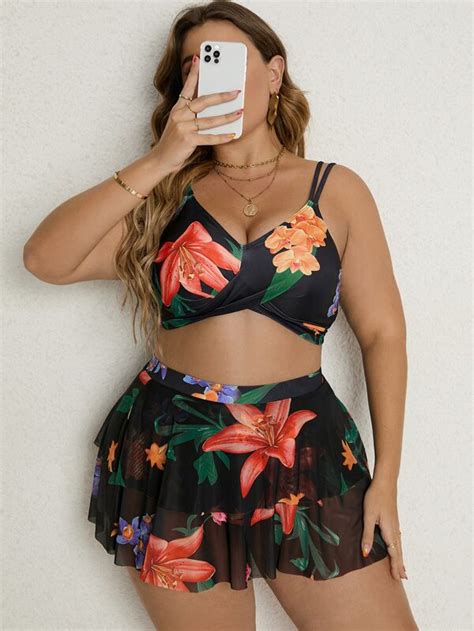 Shein Swim Vcay Plus Floral Print Bikini Set Tie Back Cami Top And High Waist Bikini And Layered