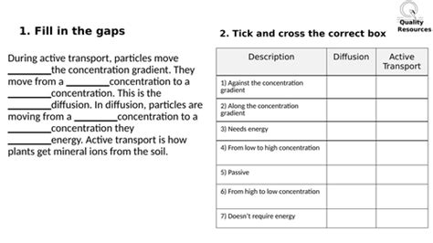 Gcse Active Transport Worksheets And Answers Teaching Resources