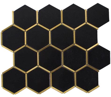 Inlay Brass Gold Hexagon Black Tile Black Tiles Hexagon Diy Bathroom