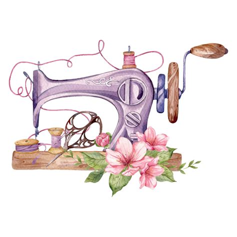 Sewing logo. Vintage sewing machine with floral wreath. Watercolor ...