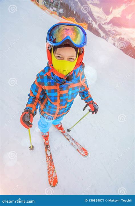 Cute Skier Boy In A Winter Ski Resort Stock Image Image Of Field