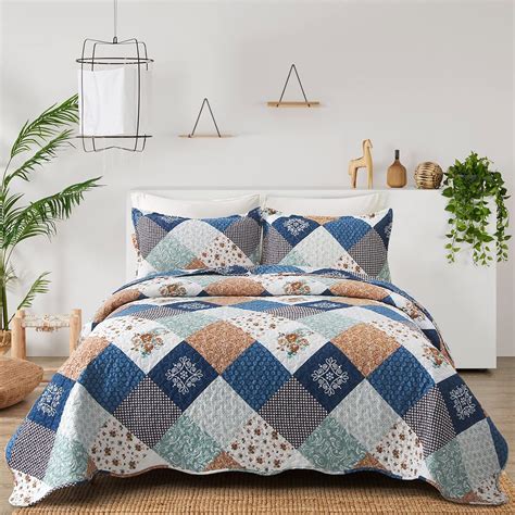 Dinjoy Reversible Patchwork Quilt Bedding Set King Size Blue Green Grey