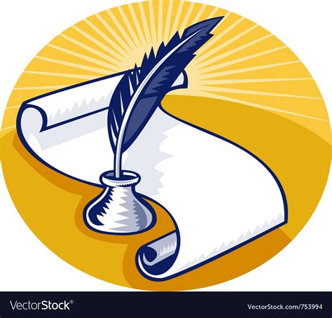 Quill Pen And Ink Well With Paper Scroll Set Vector Image