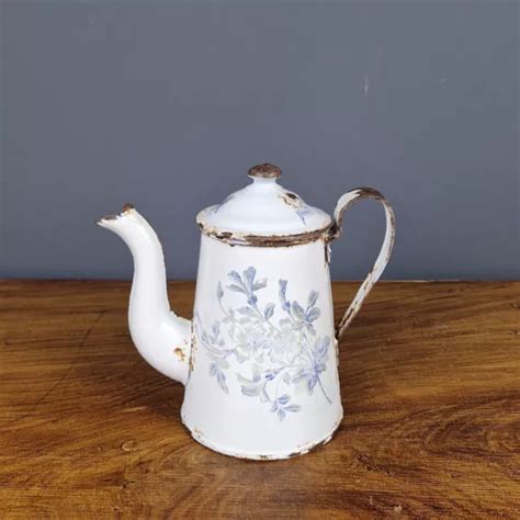 PETITE CAFETIÈRE ANCIENNE tôle émaillée verseuse décor floral vintage