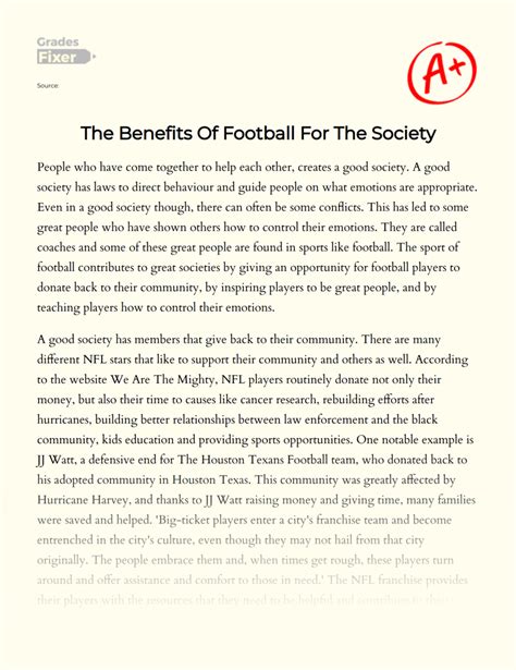 The Benefits Of Football For The Society Essay Example Words