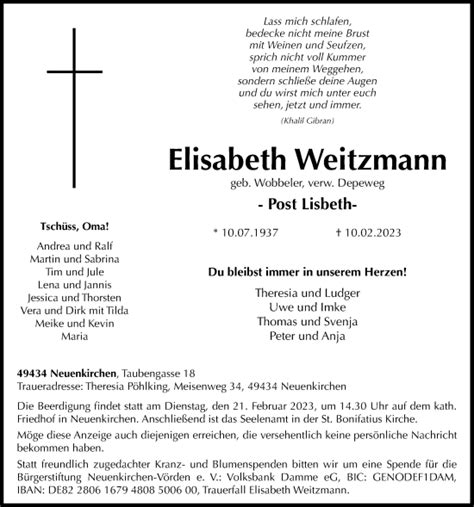 Traueranzeigen Von Elisabeth Weitzmann Om Trauer De