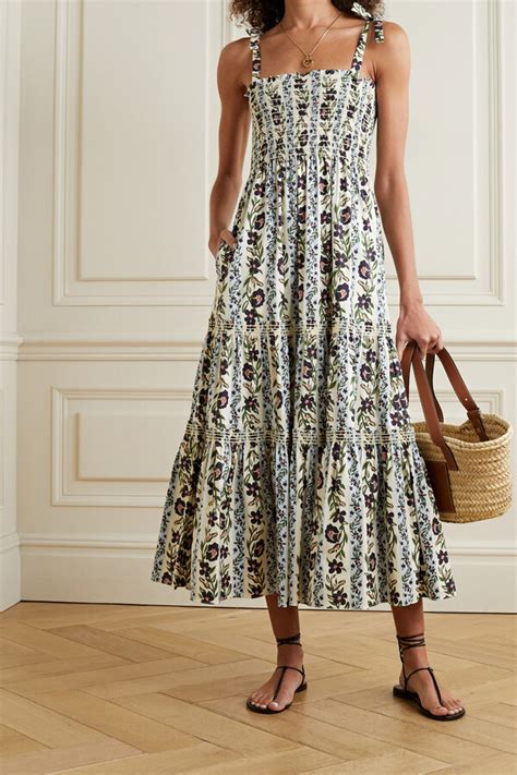 Tory Burch Shirred Tiered Floral Print Cotton Blend Poplin Dress