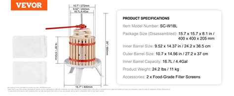 Vevor Prensa De Vino De Fruta L Cesta De Madera Maciza Con Bloques