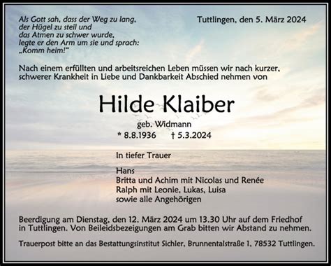 Traueranzeigen Von Hilde Klaiber Schwaebische De Trauerportal