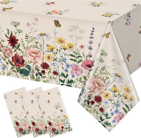 3 Pcs Spring Floral Tablecloth Butterfly Wildflower Plastic Disposable Tablecloth