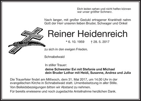 Traueranzeigen Von Reiner Heidenreich Nordbayerischer Kurier