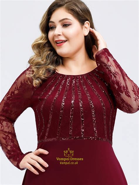 Burgundy Burgundy Sequin Lace Bodice Plus Size Prom Dress With Long Sleeves Vampal Dresses