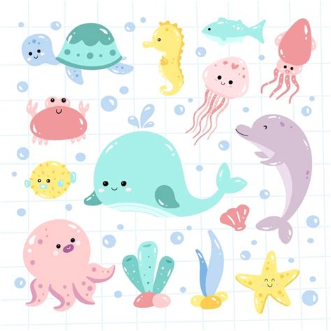 Garabatos De Animales Marinos Kawaii Conjunto Ilustración Vectorial