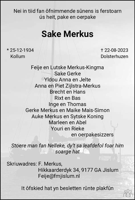 Sake Merkus 22 08 2023 Overlijdensbericht En Condoleances Mensenlinq Nl