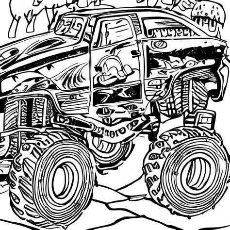 Monster Trucks de dessin animé gravissant une grande colline à colorier