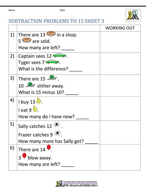 1st Grade Subtraction Word Problems 54C