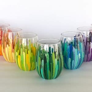 Rainbow Collection Color Burst Wineglass Set Of 8 Hand Painted 20oz