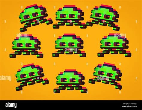 Retro Bit Pixel Art Space Alien Invaders On A Orange Background Stock