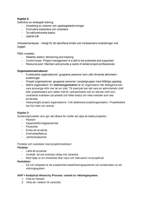 Dugga 1 Projektledning Kapitel 2 Definition Av Strategisk Ledning