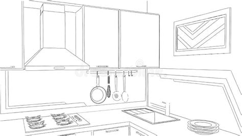 3d Sketch Drawing Of Modern Kitchen Interior On Long Background Top