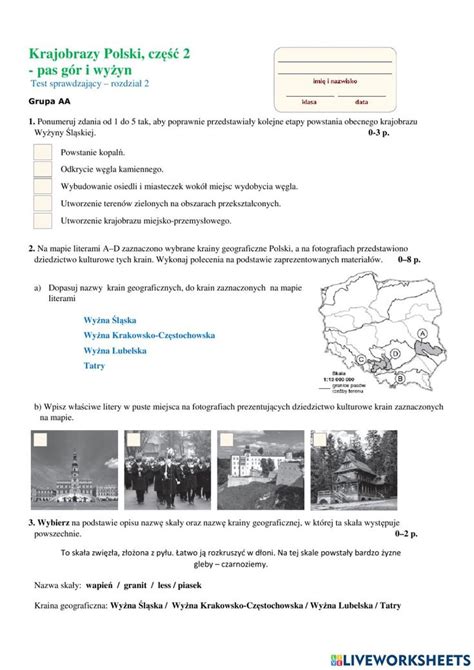 Krajobrazy Polski pas gór i wyżyn AA worksheet Worksheets School