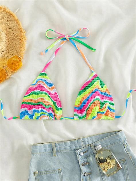 Swim Mod Summer Beach Striped Smocked Halter Triangle Bikini Top