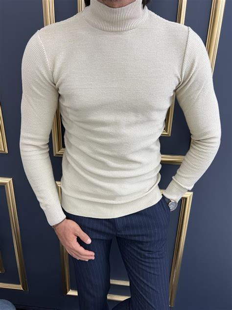 Aysoti Zenith Beige Slim Fit Mock Turtleneck Sweater Aysotiman