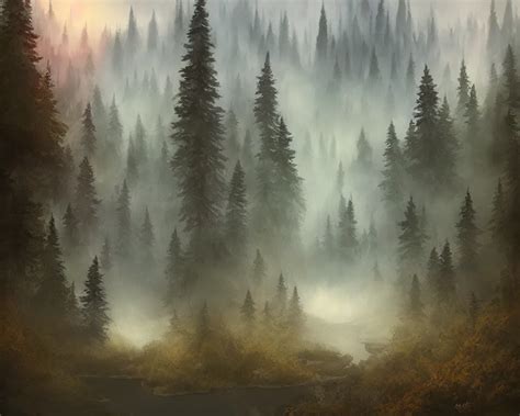 Beautiful Evening Landscape Mystery Forest Mist Stable Diffusion