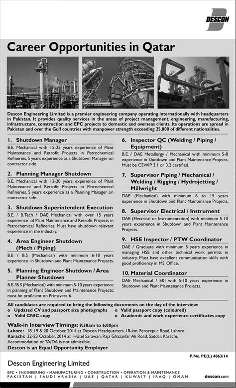 Descon Engineering Qatar Jobs 2014 October Engineers For Shutdown