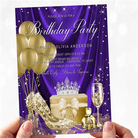 Womans Elegant Purple Gold Birthday Invitation Womans Purple Gold Birthday Party Invitation