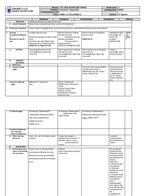 Grade 5 DLL MATH 5 Q4 Week 1 | PDF | Circle | Area