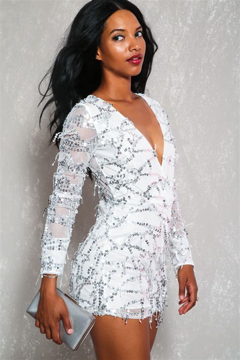 All White Romper Sexy White Silver Sequin Sheer Long Sleeve Dressy