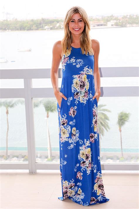 Blue And Yellow Floral Racerback Maxi Dress With Pockets Maxi Dresses