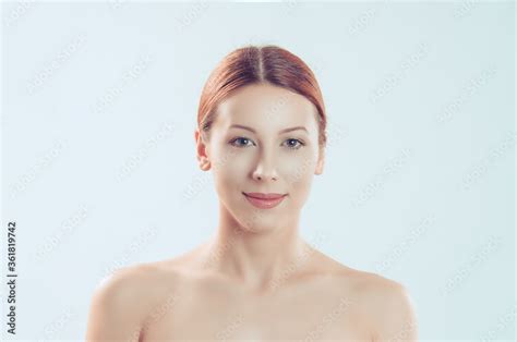 Beautiful Woman Looking At You Camera Showing Clean Skin Fresh Face With Naked Shoulders Stock