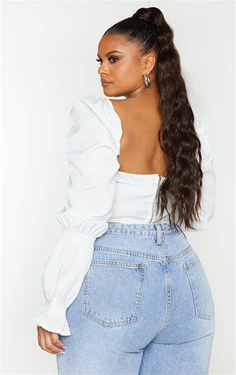 Plus White Puff Sleeve Bardot Crop Top Prettylittlething