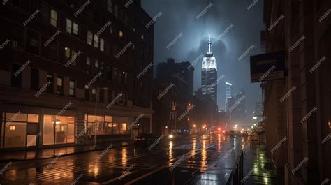 Premium AI Image | A rainy night in the city of nyc