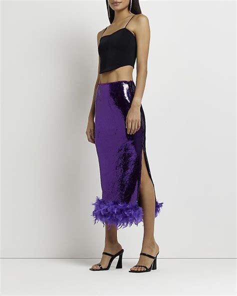 River Island Sequin Feather Trim Pencil Midi Skirt In Purple Lyst