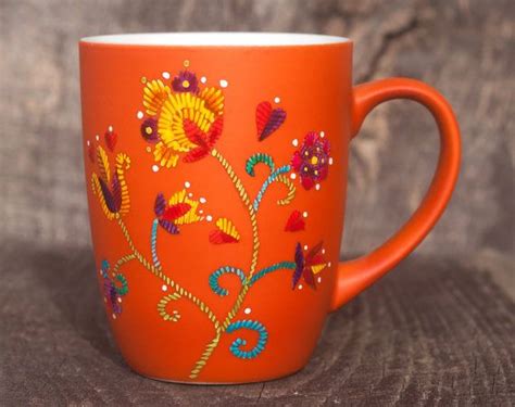 Hand Painted Orange Porcelain Coffee Mug With A Folk Floral Etsy Hand Painted Mugs Mugs