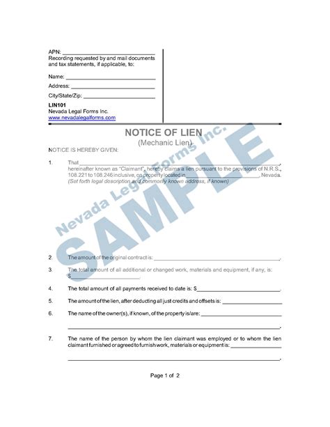 Notice Of Lien Mechanic Lien Nevada Legal Forms Services